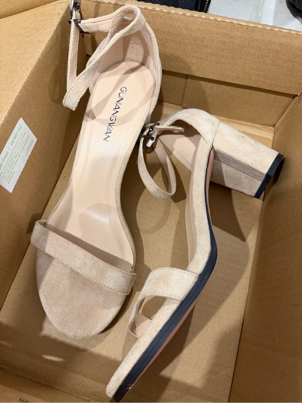 Beige Suede Ankle-Strap Block Heel Sandals